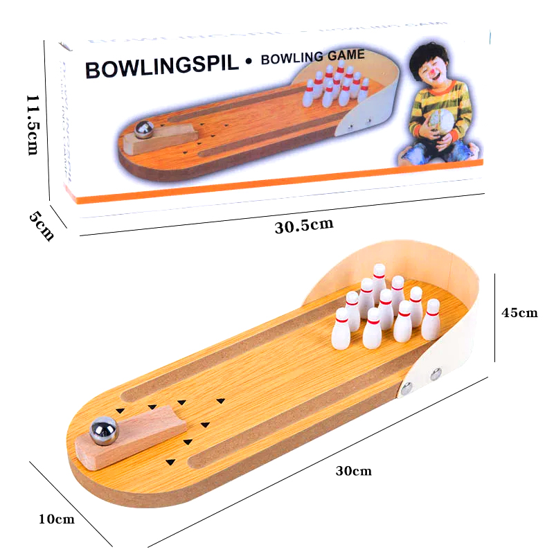 Kompakt fa készlet acéllabdával és tűkkel Mini asztali bowlingjáték