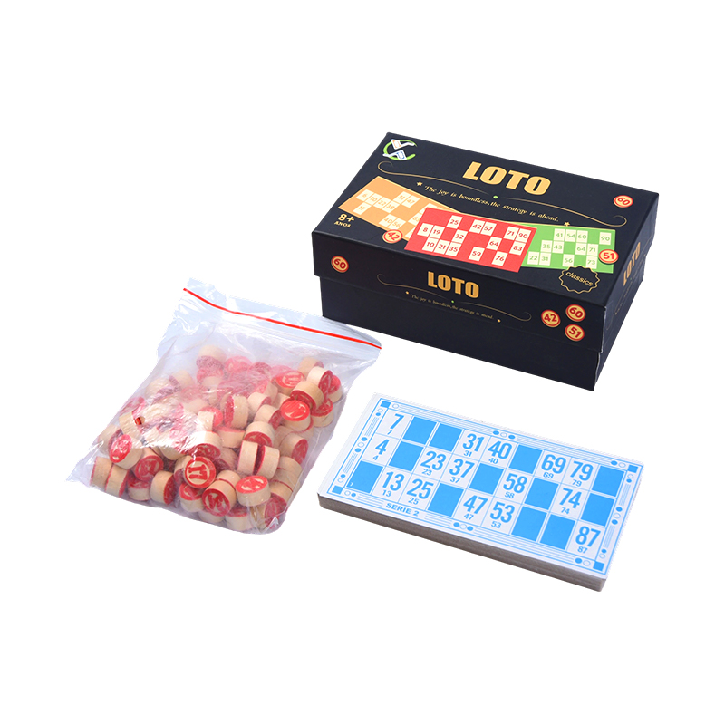 LOTO (bingó stílusú) játékkészlet – tokenekkel, kártyákkal és tárolódobozsal